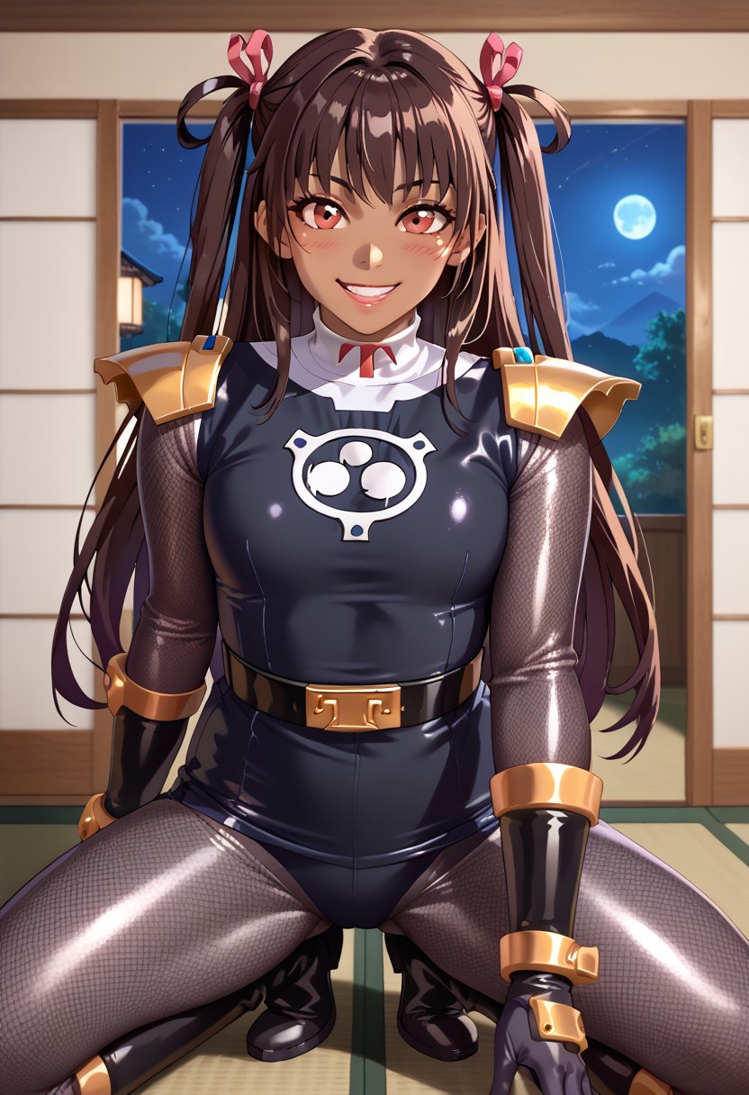 score_9, score_8_up, score_7_up, BREAK,
1girl, solo, defYuki, tan, dark-skinned female, brown hair, red eyes, two side up, long hair, sentaikageblue, shiny clothes, spandex, silver bodysuit, fishnet bodysuit, bodysuit under clothes, black dress, shoulder pads, black belt, black gloves, boots, boots, blush, small smile, looking at viewer, indoors, tatami, sliding door, room, night,