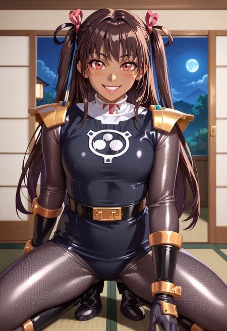 score_9, score_8_up, score_7_up, BREAK,
1girl, solo, defYuki, tan, dark-skinned female, brown hair, red eyes, two side up, long hair, sentaikageblue, shiny clothes, spandex, silver bodysuit, fishnet bodysuit, bodysuit under clothes, black dress, shoulder pads, black belt, black gloves, boots, boots, blush, small smile, looking at viewer, indoors, tatami, sliding door, room, night,