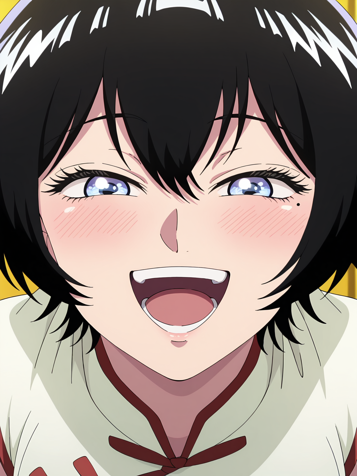 <lora:Reiko:0.8>, reiko, 1girl, solo, black short hair, blue eyes, mole under eye, white chinese dress, sleeveless, happy, satisfied, smug, half-closed eyes, open mouth, teeth, blush, leaning forward, close-up, facing viewer, looking at viewer, frontal view, indoors, minimal background, yellow wall