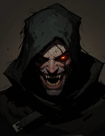 Ev Ganin style. This is a digital illustration in a dark, gritty, and stylized comic book art style. The subject is a male figure with a gaunt, gauntleted hand, and a face obscured by a hood, revealing only his piercing, glowing red eyes that stand out starkly against the dark background. His face is twisted in a snarl, with a menacing expression, and his mouth is open, revealing sharp, pointed teeth. <lora:Ev_Ganin:1.0>