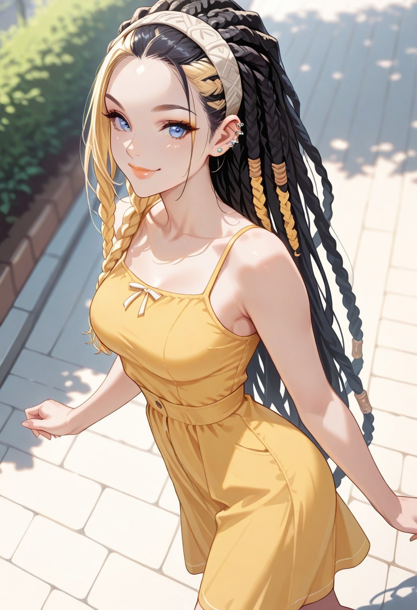 masterpiece, best quality, 32k, high resolution, absurdres, HD32k, masterpiece, 1girl, Lilian, LilianRH, very long hair, dual color hair (black-blonde),  braids, forehead, dreadlocks, (black-blondes dreadlocks), (black hair tips) , hair band, blue eyes, pale skin, thin lips, ear piercings, medium breasts, thin waist, fit, detailed eyes, detailed lips, cowboy shot, yellow sundress , smiling, side view, posing cute, walking, outdoors, sunny, light brown lipgloss, makeup, high angle view, face closeup