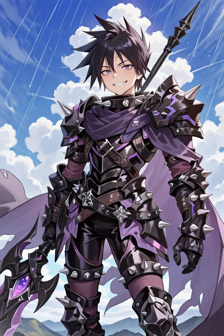 masterpiece, very aesthetic, absurdres, best quality, amazing quality, high resolution, <lora:illustrious_quality_modifiers_masterpieces_v1:0.8> , <lora:ChamIllustriousBackgroundEnhancer:0.5>, <lora:LeonIL:0.8> , LeDef, 1boy, purple eyes, scar on forehead, spiked hair, black hair, spiked collar, spikes, spiked armor, shoulder spikes, armor, black armor, faulds, purple faulds, gauntlets, black gauntlets, cape, purple cape, black bodysuit, bodysuit under clothes, spiked belt, greaves, black greaves, spiked shoes, spiked thighhighs, purple thighhighs, cowboy shot, smile, day, clouds, raining, bloody armor, exterior, grin, holding lance,