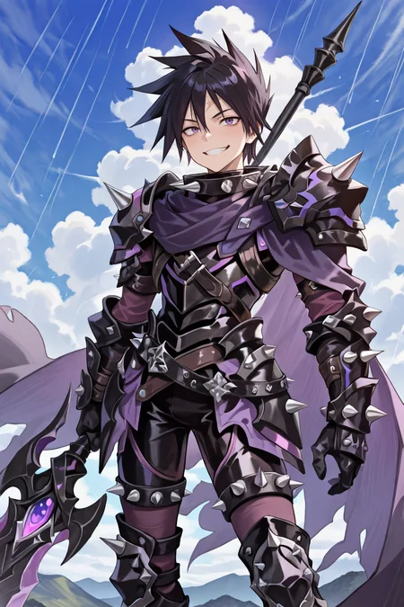 masterpiece, very aesthetic, absurdres, best quality, amazing quality, high resolution, <lora:illustrious_quality_modifiers_masterpieces_v1:0.8> , <lora:ChamIllustriousBackgroundEnhancer:0.5>, <lora:LeonIL:0.8> , LeDef, 1boy, purple eyes, scar on forehead, spiked hair, black hair, spiked collar, spikes, spiked armor, shoulder spikes, armor, black armor, faulds, purple faulds, gauntlets, black gauntlets, cape, purple cape, black bodysuit, bodysuit under clothes, spiked belt, greaves, black greaves, spiked shoes, spiked thighhighs, purple thighhighs, cowboy shot, smile, day, clouds, raining, bloody armor, exterior, grin, holding lance,