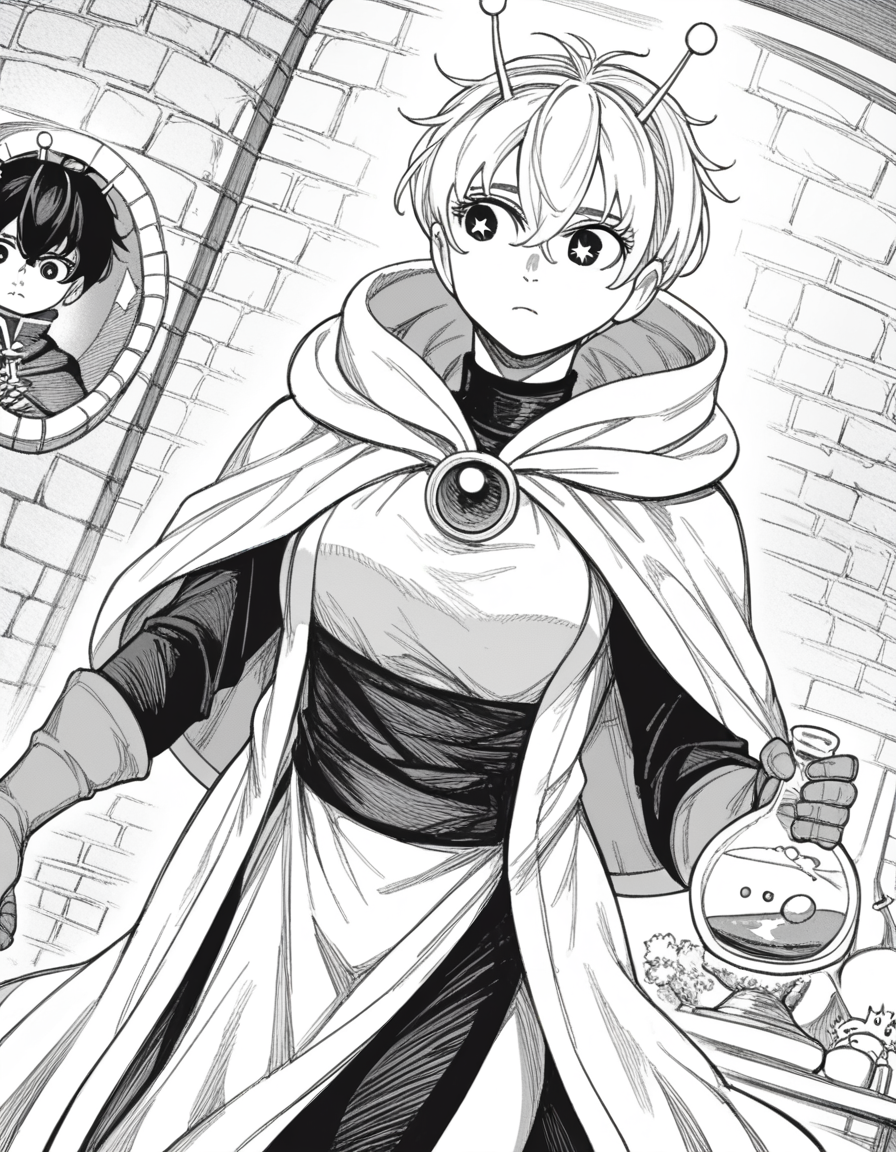 score_9, score_8_up, score_7_up, source_anime, <lora:vamola-manga-ponyxl-lora-nochekaiser:1>, vamola, short hair, bangs, hair between eyes, symbol-shaped pupils, antennae, star-shaped pupils, monochrome, greyscale, medium breasts,, <lora:wizard-ponyxl-lora-nochekaiser:1>, wizard, wizard hat, robe, dress, long sleeves, gloves,, indoors, bricks, potion, flask, vial,, cowboy shot,, , dutch angle, cowboy shot