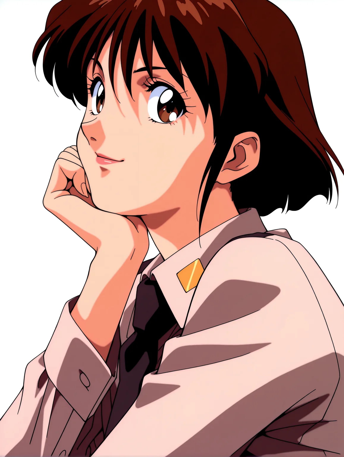 masterpiece,best quality,amazing quality,
1girl,solo,
<lora:Yuriko_Star_ilxl_v1.0:1>,Y_S,brown hair,short hair,brown eyes,lipstick,
y_clothes,shirt,black tie,
<lora:Fixhands_anime_bdsqlsz_V1:1>,profile,looking_at_viewer,smile,1990s \(style\),upper_body,head rest,white_background,simple_background,