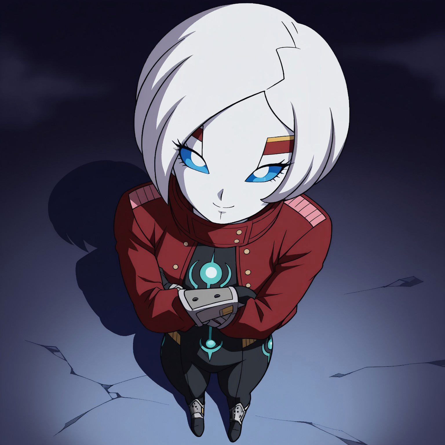 2d, 1girl, solo, Kamin, female, humanoid, white short hair, white skin, white pupils, blue sclera, red cropped jacket, black and blue bodysuit, long sleeves, gray wristbands, gray legbands, eyelashes

BREAK outside, standing, arms crossed, (looking up at viewer), smile, from above, full body

BREAK best quality, amazing quality, very aesthetic, absurdres, newest, masterpiece 