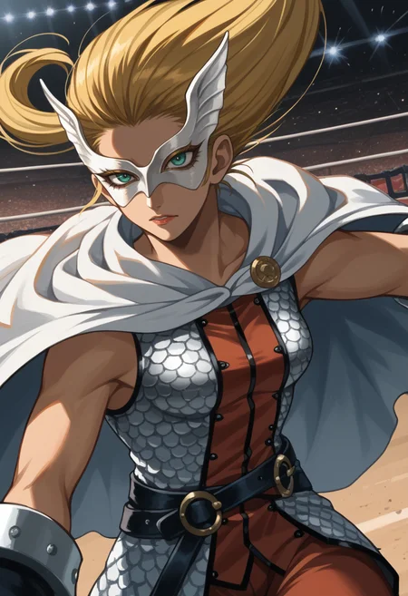 score_9, score_8_up, score_7_up, source_anime BREAK 1girl, solo, cowboy shot, arena, dynamic pose, looking at viewer
<lora:zs_ValkyrieXL:1> valkyriesmt, blonde hair, long hair, aqua eyes, mask, armor, brown pants, white cape, gloves, medium breasts