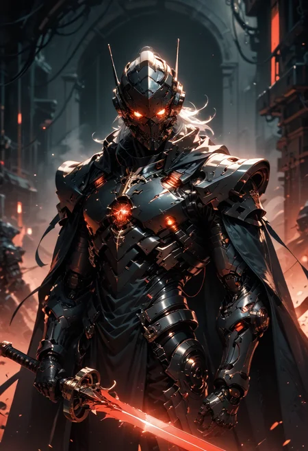 (score_9, score_8_up), score_7_up, 1boy, floating white hair, mouth mask, holding sword, holding, cape, male focus, armor, no humans, glowing, helmet, robot, mecha, cloak, science fiction, cyborg, mechanical parts, humanoid robot, ruins, cyborg, robotic circuits, glowing fiber optic cables, glistening, glowing, dark lighting,
<lora:BioPunky:0.5>, black theme, CINE, comic art, dof, depth of field, blurry background, detailed line work, low key, cinematic Lighting, detailed background, red theme,<lora:sdxl_lightning_8step_lora:1> <lora:glowneon_xl_v1:0.5> <lora:unholy:0.2> <lora:CINE:0.2>
