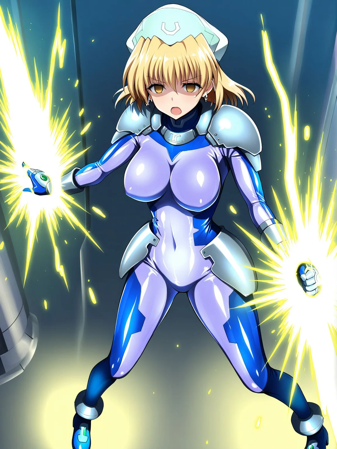masterpiece, best quality, 1girl, solo, <lora:NumberSuitILV2:1>, shamal yagami, yellow eyes, empty eyes, numbersuit, face harness, two tone blue bodysuit, glossy latex, large breasts, silver shoulder armor, silver gauntlets, blue gloves, blue ankle boots, waist armor, arms outstretched, incantation, open mouth, chain from fingers, casting spell, bright aura, hat
