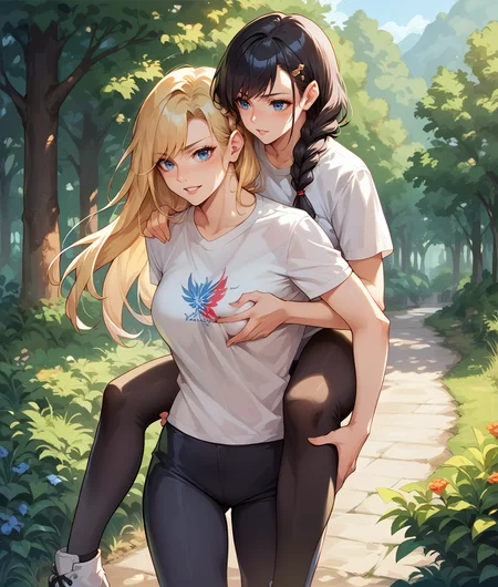 score_9, score_8_up, score_7_up, source_anime, perfect hands, 2girls, multiple girls,  black hair in single braid, long blonde hair, blue eyes, leggings, t-shirt, carrying, outdoors, <lora:Piggyback:0.7>, cowboy shot, Piggyback,