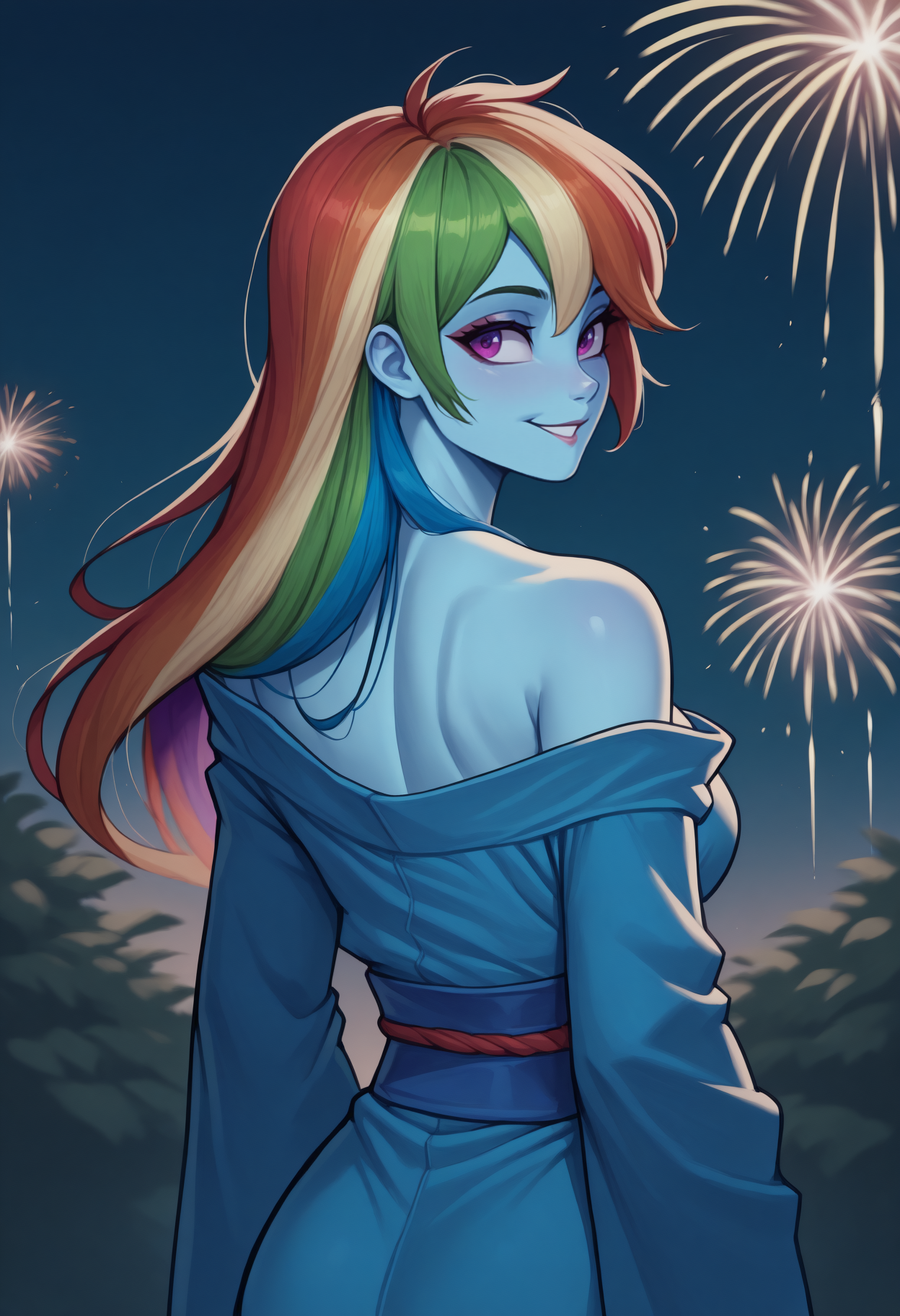 anime, masterpiece, best quality, <break> solo, 1girl, rbwdsh, blue skin, smile, looking back, long hair, rainbow hair, green hair, blonde hair, red hair, blue hair, purple eyes, japanese clothes, kimono, off shoulder, blue sash, obi, bare shoulders, outdoors, night, fireworks
<segment:yolo-Anzhc Face seg 640 v2 y8n.pt,0.4,0.5//cid=1>