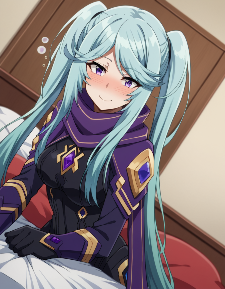 score_9, score_8_up, score_7_up, source_anime,
shadowepsilon, <lora:shadow-epsilon-ponyxl-lora-nochekaiser:1>,
epsilon, long hair, twintails, blue hair, purple eyes, sidelocks, smile,
bodysuit, scarf, purple scarf, gloves, black gloves,
indoors, bed, bed room, on side, blush, drunk,
looking at viewer, cowboy shot, dutch angle,
