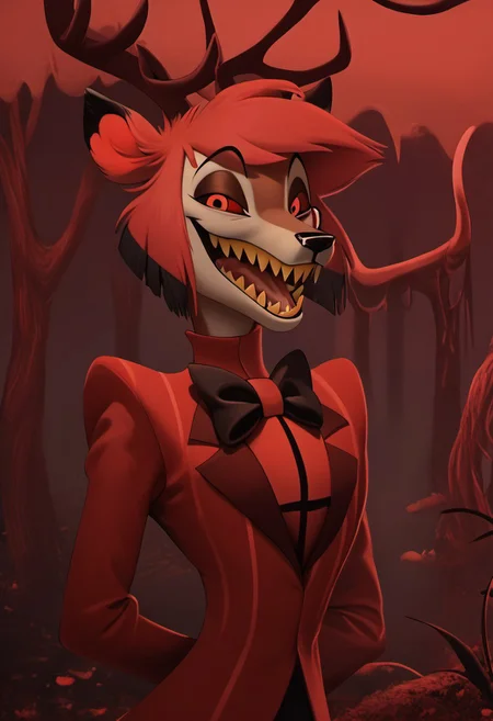 score_9, score_8_up, score_7_up, score_6_up, masterpiece, solo, ((detailed eyes, detailed face, detailed fur,
BREAK
Great Prince of the Forest, GPotF, deer, buck, disney, antlers, red fur, beige markings, brown eyes, brown eyelids, brown eyeshadow, eyeliner, black eyebrows, anthropomorphic deer, furry, anthro deer, animal focus, alastor_hh, alastor \(hazbin hotel\), solo, red theme, 1boy, red eyes, bow, smile, looking at viewer, evil smile, grin, short hair, bowtie, horror, monocle (theme), sharp teeth, yellow teeth, laughing, open mouth
<lora:add-detail-xl:1.0>