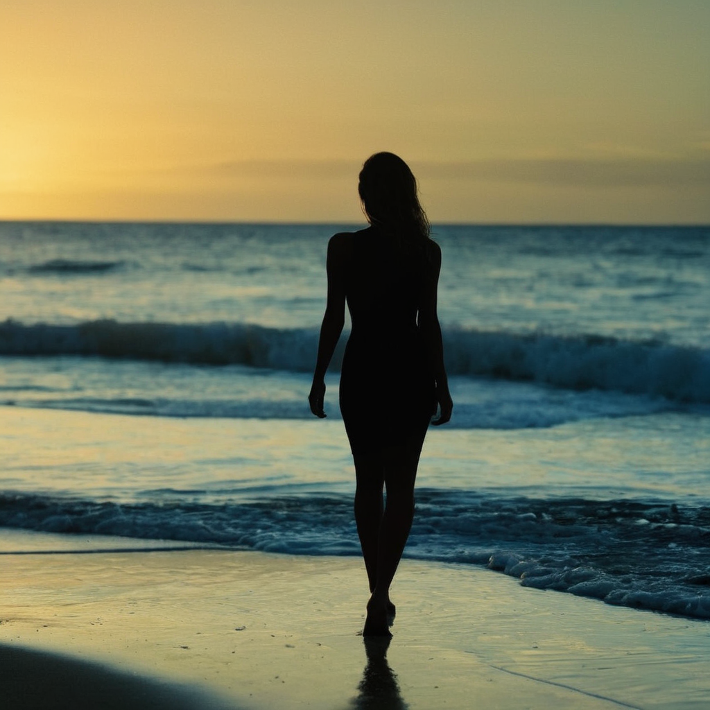 Dark Fantasy Art of  <lora:Kodak Motion Picture Film Style v4:1>
kodak vision3 500t Film Grain landscape wide angle view An award winning high color contrast movie for Best hdr Cinematography a Silhouette woman standing on a beach next to the ocean at sunset Kodak Motion Picture Film Style, dark, moody, dark fantasy style