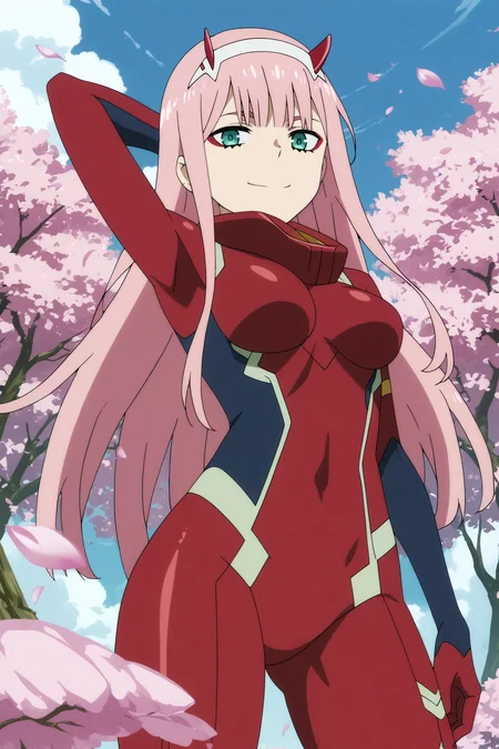 zero two,1girl,solo,long hair,horns,green eyes,smile,bangs,looking_at_viewer, bodysuit, red bodysuit,eyeshadow,makeup,smirk,cowboy shot,on back,laying,laying on cherry blossom BREAK outdoors,blue sky,cloudy_sky,cherry_blossoms <lora:Zero_Two_-_Darling_in_the_franxx.safetensors:0.8> <lora:detailed_backgrounds_v2.safetensors:0.5>