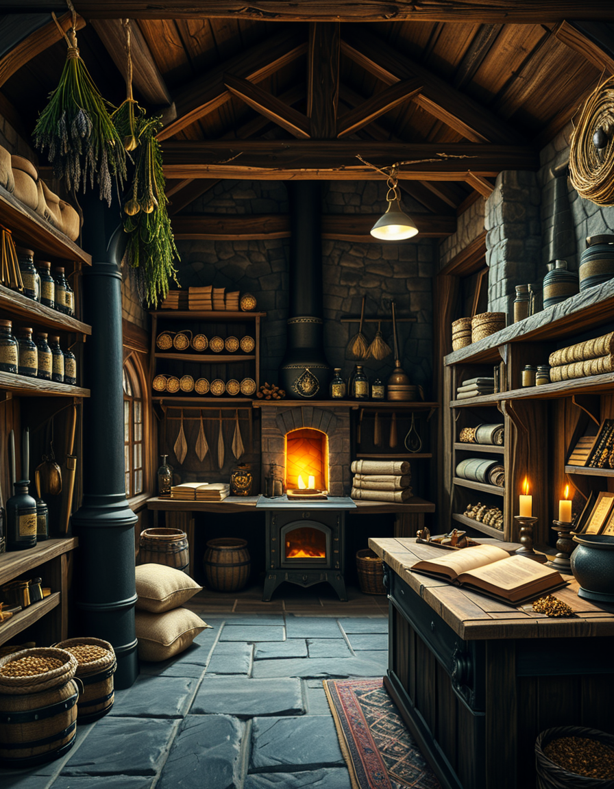 A highly detailed, realistic photograph of a medieval-style general store inspired by Skyrim, captured in soft, natural lighting. The interior features wooden beams and stone walls, aged and weathered, with shelves overflowing with various items: leather-bound books, glass potion bottles glowing faintly in green and blue hues, sacks of grains, and woven baskets filled with herbs. In the corner, a rustic fireplace crackles gently, casting warm, golden light across the room. Weapons like iron swords and steel daggers hang neatly on a wooden rack behind the counter, while a fur rug covers part of the worn wooden floor. On the wooden counter lies a small pile of gold coins beside an old ledger, with a candle burning low. The window shows a misty, pine-filled landscape outside, with soft daylight filtering through. The atmosphere feels cozy, immersive, and authentically Nordic, with rich textures, muted earthy colors, and a slightly cinematic fantasy style. No people are present, only the quiet ambiance of a world at rest.
<lora:SDXLFaeTastic2400:0.4> <lora:extremely_detailed:0.4> extremely detailed,<lora:skyrim_general_st0r3:1>,skyrim general st0r3, Masterpiece,best quality,hi res,8k,hi res,8k,award winning,(sharp focus, intricate, highly detailed),