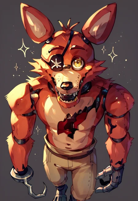 score_9, score_8_up, score_7_up, lots of details, highly detailed, (foxy), animatronic, high angle, gray background, muscular, yellow eyes, cute, brown pants, looking at viewer, hook, eyepatch, red fox, dark background, light particles, detailed, detailed eyes, hires, best quality <lora:Foxy:1>