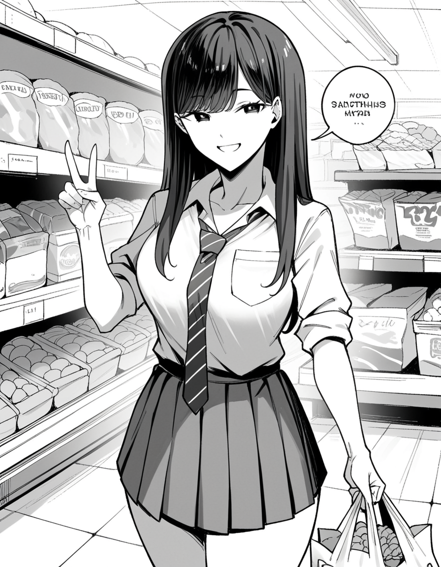 score_9, score_8_up, score_7_up, source_anime, <lora:manno-kuroda-manga-ponyxl-lora-nochekaiser:1>, kuroda, greyscale, monochrome, large breasts, long hair, bangs, school uniform, skirt, necktie, pleated skirt, rolled-up sleeves, shirt, collared shirt,, grocery store, cashier, shopping bag, scanning items, small talk, everyday routine, smile, looking at viewer, v, v over eyes,, solo,, cowboy shot, dutch angle