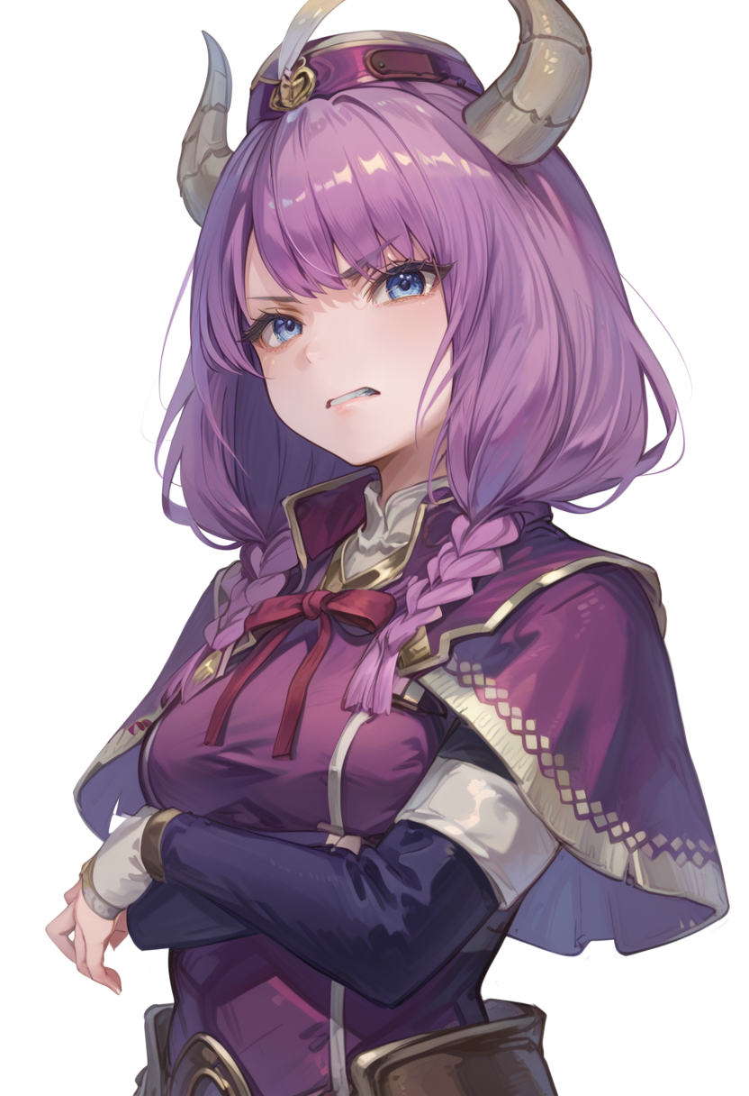 (score_9:0.9),score_8_up,score_7_up,rating_safe,anime_style,(zPDXL),<lora:hub lass and Brigade Armor ponyXL v1.2:0.7>,brigade clothes,1girl,solo,purple hat,upper body,white background,simple background,looking at viewer,standing,purple clothes,black long sleeves,closed mouth,purple capelet,red neck ribbon,aruapnxl,crossed arms,<lora:sousou_no_frieren_aura_pnxl:0.85>,angry,horns,aruapnxl,clenched teeth, braid