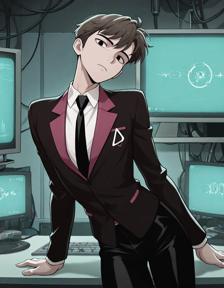 masterpiece, best quality, newest, perfect quality, best quality, detailed background, intricate details, male focus, anime, tech lab, monitors, <lora:Helluva Boss - Agent One - Illustrious-000006:0.8>, agent1, 1boy, brown hair, black eyes, two-tone suit jacket, white shirt, black necktie, black pants, head tilt, looking at viewer, behind desk