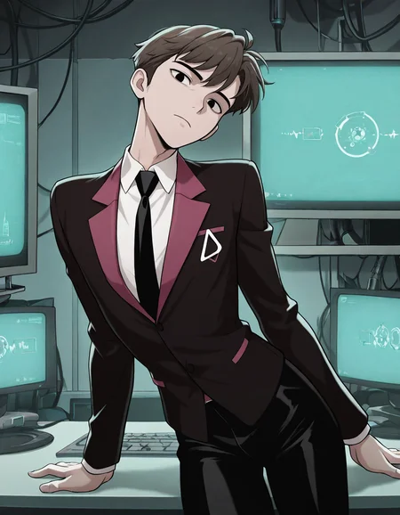 masterpiece, best quality, newest, perfect quality, best quality, detailed background, intricate details, male focus, anime, tech lab, monitors, <lora:Helluva Boss - Agent One - Illustrious-000006:0.8>, agent1, 1boy, brown hair, black eyes, two-tone suit jacket, white shirt, black necktie, black pants, head tilt, looking at viewer, behind desk