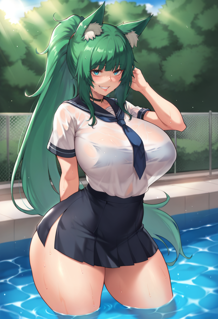 score_9, score_8_up, score_7_up, source_anime, 1girl, solo, pool, school pool, blue eyes, green hair, fox girl, fox ears, school uniform, wet shirt, bare feet, standing, cowboy shot, facing forward, grin, blush,  big breasts, wide hips, thick thighs, blunt bangs, ponytail, messy hair,green ears, green fox ears, black skirt <lora:Aster-Crowley-Style-PonyXL-Dora-final-000024:1>