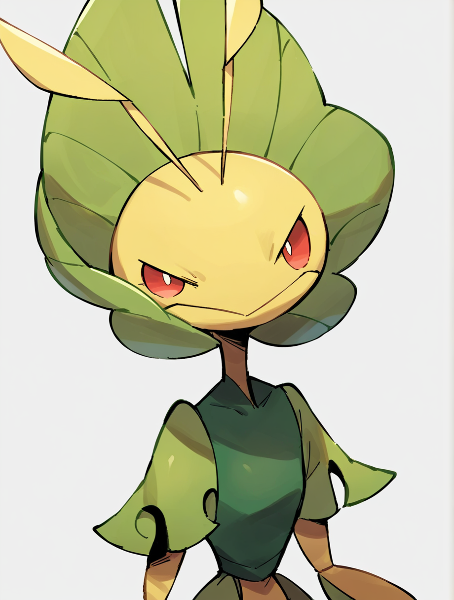 score_9_up, score_8_up, score_7_up, rating_safe, solo focus, dynamic pose, upper body, 1girl, female, yellow body, green body, <lora:POKEMON_LEAVANNY:.8>, Leavanny, pokemon (creature), red eyes, shrug, short sleeves
, simple background, source_anime