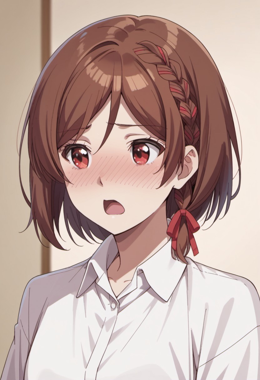 score_9, score_8_up, score_7_up, source_anime, sakuramori akane, short hair, brown hair, red eyes, 1girl, braid, solo, blush, ribbon, hair ribbon, red ribbon, side braid, shirt, white shirt, collared shirt, looking away, nose blush, open mouth