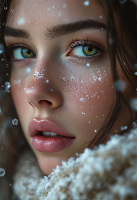 hyperrealistic digital painting by Jeremiah Ketner and Charlie Bowater and Stanley Artgerm and Thomas Saliot and J. Scott Campbell,  shallow depth of field, bokeh, incredibly detailed, real, lifelike face, realistic anime, photoshoot, snowflakes on skin, snowflakes in the air