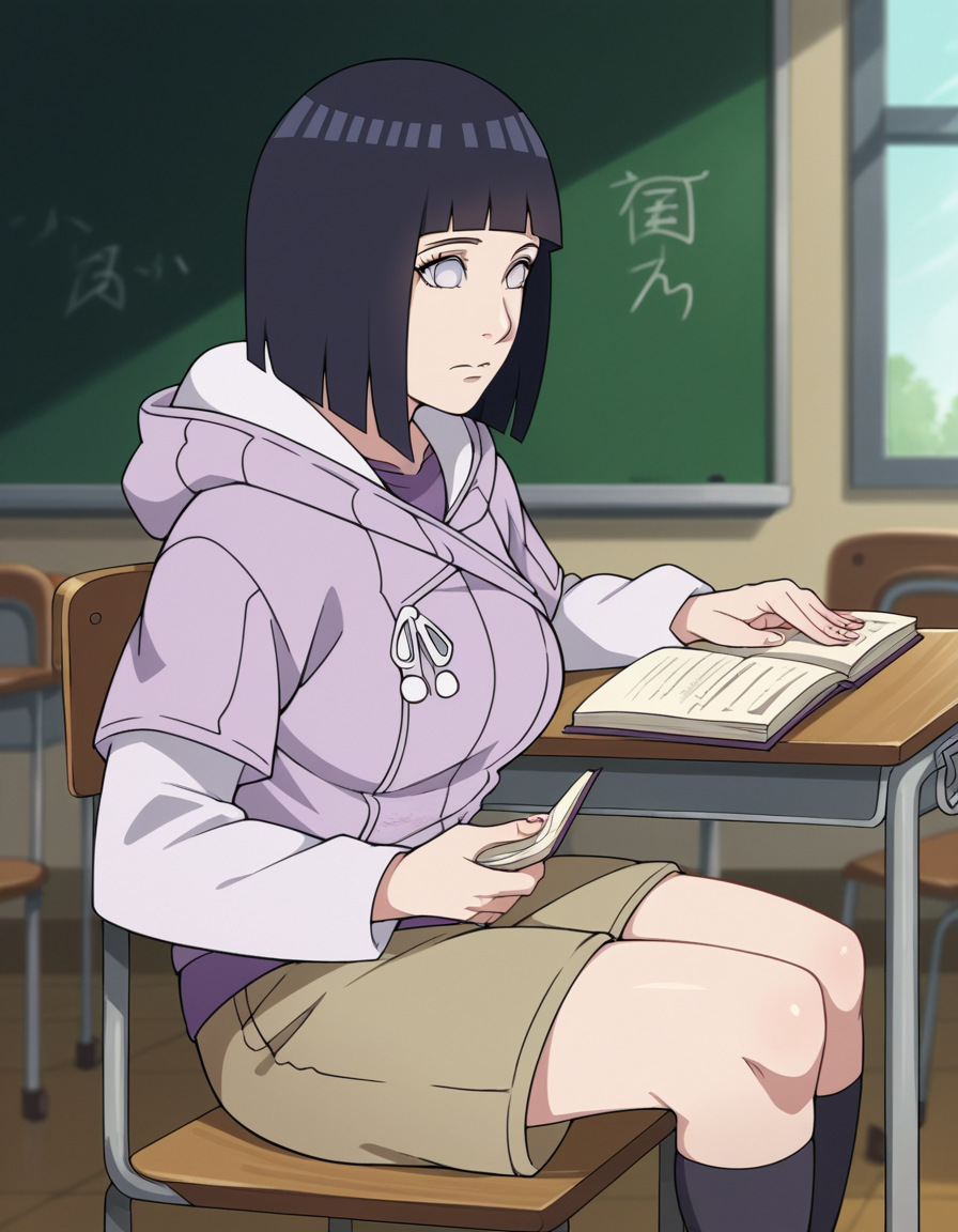 score_9, score_8_up, score_7_up, source_anime, <lora:hinata-hyuuga-boruto-anime-ponyxl-lora-nochekaiser:1>, hinata uzumaki, hyuuga hinata, short hair, bangs, black hair, blunt bangs, white eyes, mature female, large breasts,, long sleeves, shorts, hood, kneehighs, hoodie, hood down, brown shorts,, classroom, chalkboard, day time, studying, sitting, chair, desk,, , , hand reaching out, solo,, cowboy shot, dutch angle