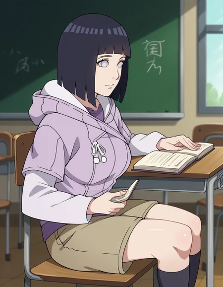 score_9, score_8_up, score_7_up, source_anime, <lora:hinata-hyuuga-boruto-anime-ponyxl-lora-nochekaiser:1>, hinata uzumaki, hyuuga hinata, short hair, bangs, black hair, blunt bangs, white eyes, mature female, large breasts,, long sleeves, shorts, hood, kneehighs, hoodie, hood down, brown shorts,, classroom, chalkboard, day time, studying, sitting, chair, desk,, , , hand reaching out, solo,, cowboy shot, dutch angle