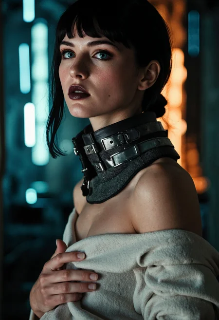 Street photography showcasing a young estonian woman, in a futuristic brutalist interior with virtual lighting. The focal point of the eye-level shot is the woman's face, giving only a glimpse of her bare shoulders, accentuated by an avant-garde neck adornment. Her mysterious aqua eyes are accentuated by intense eyeliner together with long false lashes underlining her avant-garde style, while her full lips feature matte black lipstick. She wears her black hair in a high, wavy twintails style, with long wispy bangs. Her expression seems kind and absent-minded, her head turned sideways, gazing at the viewer, adding to the contemplative tone of the image. She is wearing a neckpiece made from a coarse wool blend with a large collar featuring multiple rows of vertical straps with buckles, like belts, giving it a distressed and dystopian style, partially obscuring her face. Set within an ominous brutalist citadel deep underground featuring hovering holographic candles in a low-poly design hinting at a scifi theme. <lora:flux_Facebook_Quality_Photos>