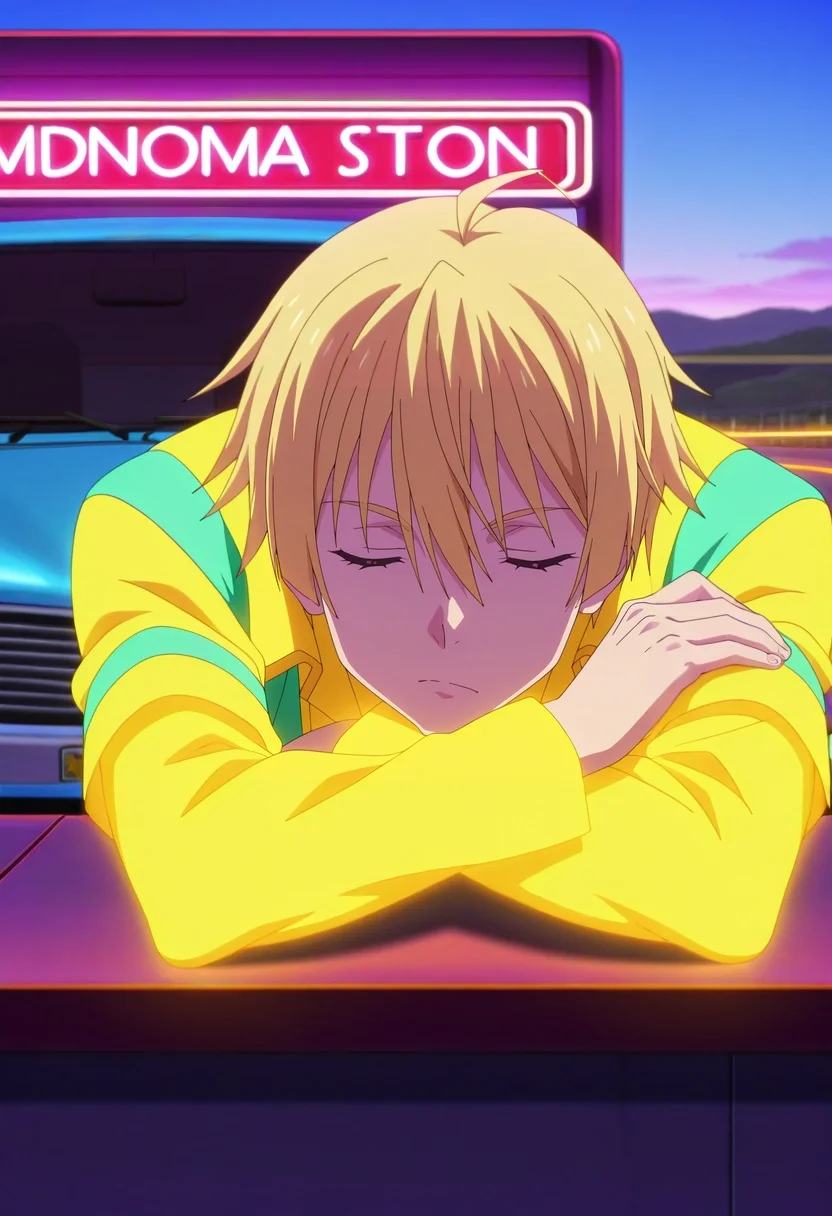 masterpiece, best quality, anime screencap, anime coloring, official style, , , 1boy, male focus, 1boy, monoma neito, blonde hair, solo, highway rest stop, neon diner, parked trucks, glowing signs, resting pose, thoughtful expression, midnight atmosphere, <lora:tensura_style_ilxl:1>, tensura_style,