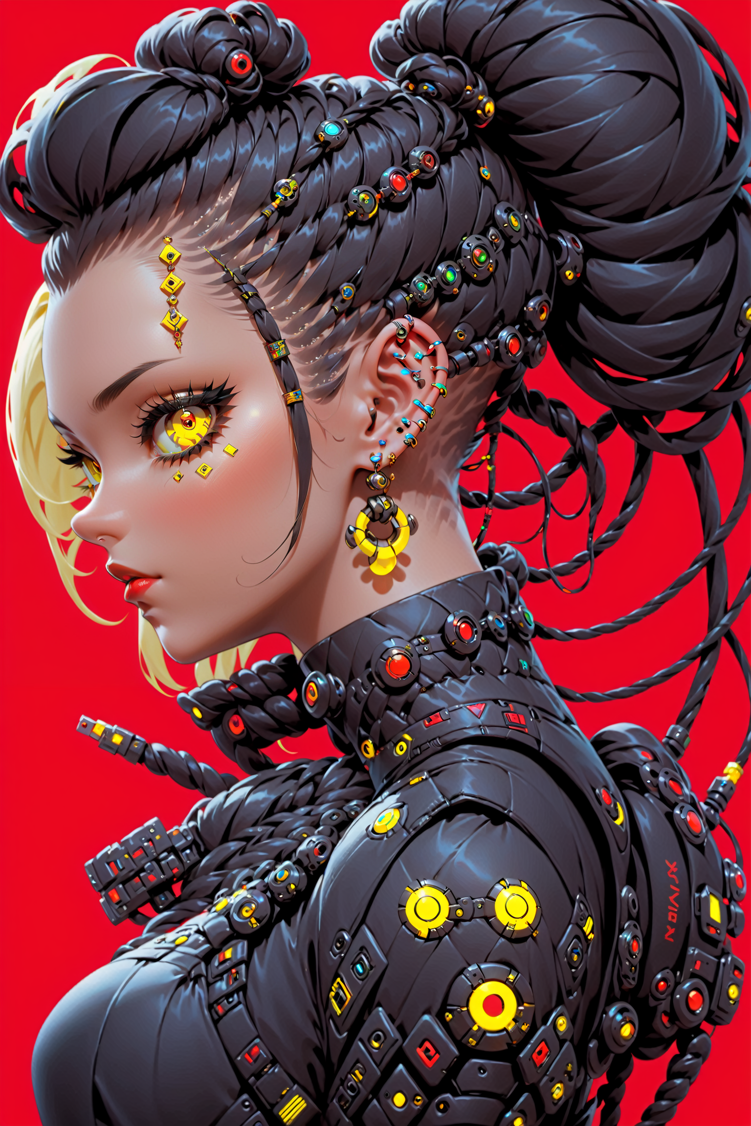 Cyberpunk Style,  1girl,  bangs,  bodysuit,  cable,  cyberpunk,  earrings,  from side,  hair behind ear,  hair bun,  hair ornament,  hand on own shoulder,  jewelry,  lip piercing,  looking at viewer,  makeup,  nose piercing,  parted lips,  piercing,  red background,  science fiction,  simple background,  single hair bun,  solo,  upper body,  yellow eyes, <lora:EMS-46146-EMS:1.000000>