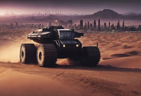 desert, close-up, heavy machinery, heavy equipment, sharp focus, futuristic, <lora:Cbebop-background:1.5>, high quality, high resolution, art by Cain Kuga, night, breathtaking scenary, high-tech, cyberpunk, volumetric lighting, (long exposure:1.5), dusty, gloomy, cityscape in the background,
