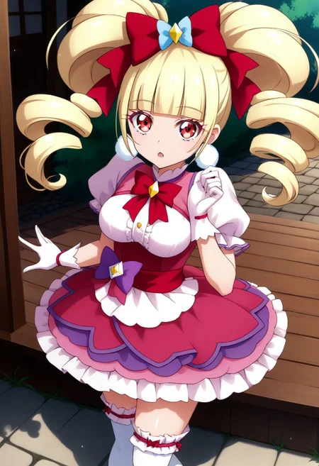 score_9, score_8_up, score_7_up, source_anime, (nsfw1.0), BREAK, 
curemacherie, cute 1girl, (large breasts), skinny body, (short stature:1.5), red eyes, blond hair, twintails, 
pink clothes, pom pom earrings, pink ribbon, white gloves, frilled thighhighs, puffy sleeves, layered dress, mini skirt, porch, wrist bow, jewelry, 
shiny skin, 
expressionless, small open mouth, 
any pose, s-shaped pose, looking at viewer, 
angle:random, 
background:random,