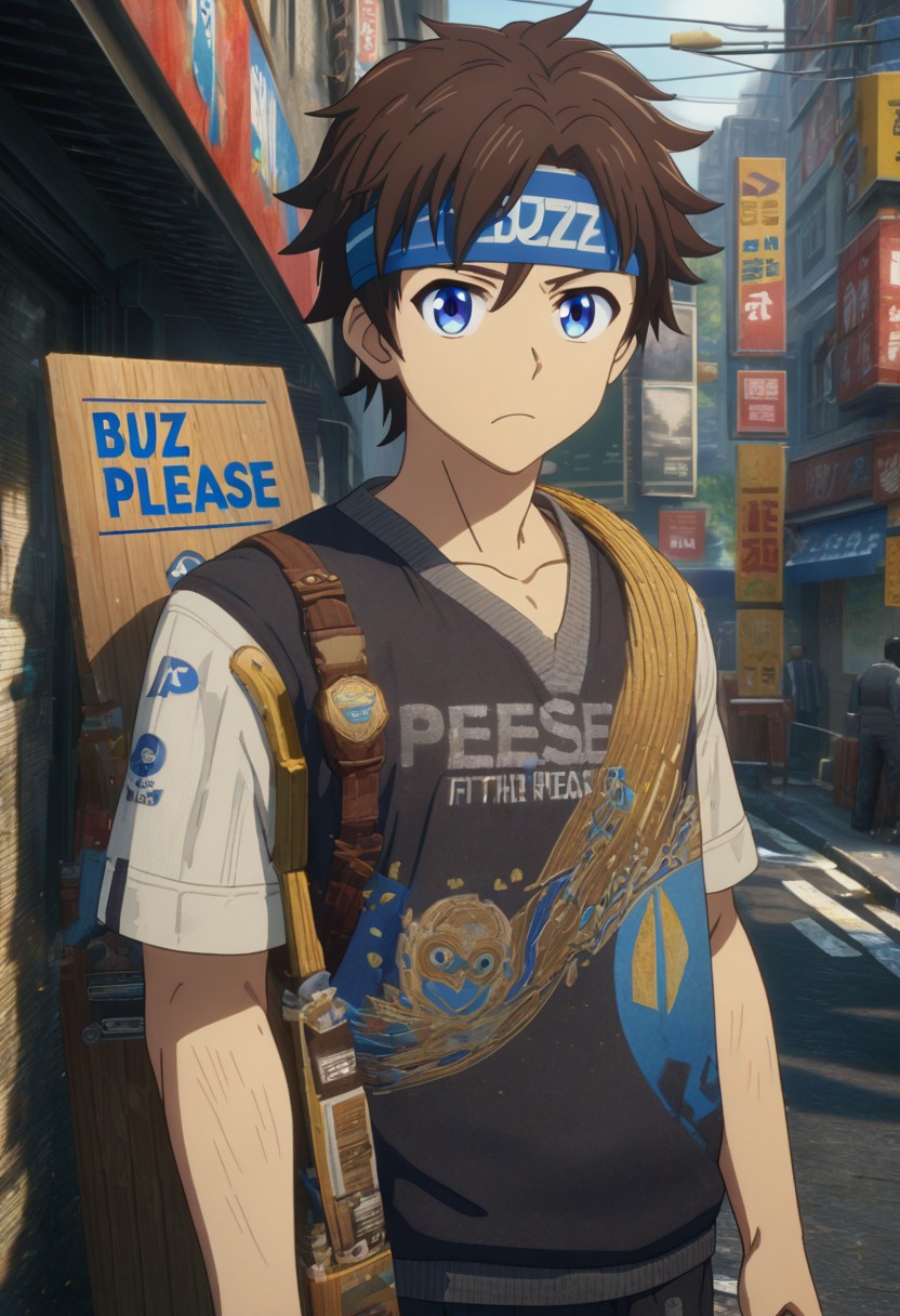 man holding a sign that says ("Buzz Please") text logo, male focus, 1man, fit body, brown hair, headband, blue eyes <lora:texta:0.9>, on the street, (anime, masterpiece, intricate:1), (best quality, hires textures, high detail:1), (4k),(incredibly detailed:1),UHD, 8K, ultra detailed​​​