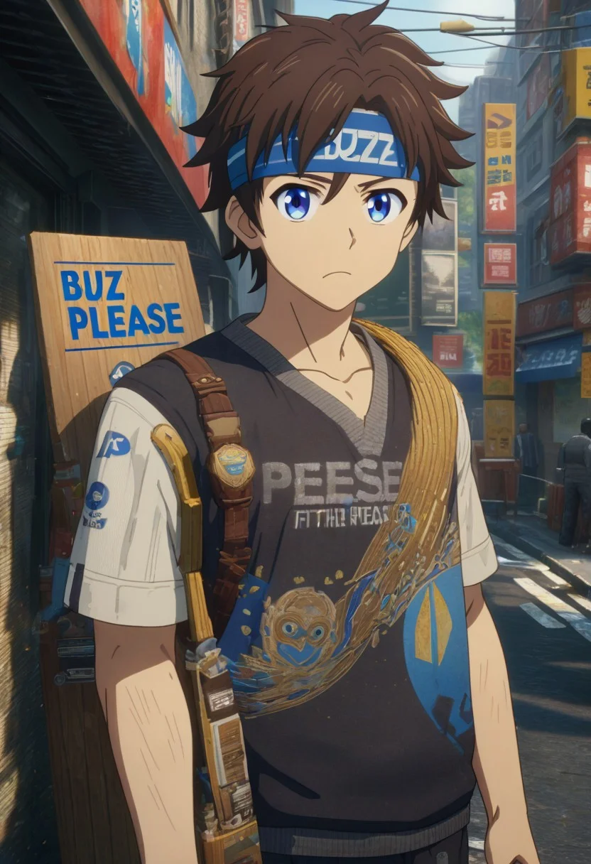 man holding a sign that says ("Buzz Please") text logo, male focus, 1man, fit body, brown hair, headband, blue eyes <lora:texta:0.9>, on the street, (anime, masterpiece, intricate:1), (best quality, hires textures, high detail:1), (4k),(incredibly detailed:1),UHD, 8K, ultra detailed​​​