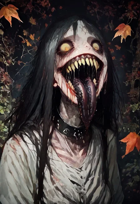 score_9, score_up_8, masterpiece, best quality, explicit,
hasshaku-sama, mature woman, large woman, tall woman, sagging breast, enormous breast, long hair, black hair, horror (theme), collar bone, bony body, skinny, anorexic, fall season, trees, red yellow and orange leaves, falling leaves, night, garden, Expressiveh,
teeth, tongue, open mouth, horror, blood, stiches, scars, black tongue, very long tongue, black tears, full body