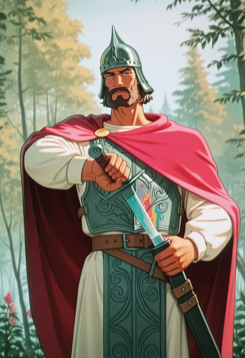 Graphic Design, color art, vibrant colors, colorful, intricate details, high contrast, detailed background, beautiful detailed, beautiful face, detailed eyes, detailed face, l3b3d1, 1boy, solo, male focus, facial hair, beard, moustache, helmet, armor, cape, weapon, sword, holding weapon, cowboy shot, sheath, unsheathing weapon, dynamic pose, outdoors, trees, (masterpiece, best quality, newest, recent, absurdres),