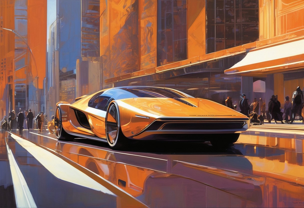 <lora:Syd Mead Style:1>Futuristic cars in the style of Syd Mead, tall buildings with sweeping curves, (Syd Mead:1.9), people in futuristic clothing styles (Syd Mead), luminescence, ultra realistic, hyper detailed, soft lighting