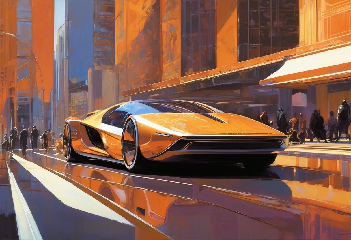 <lora:Syd Mead Style:1>Futuristic cars in the style of Syd Mead, tall buildings with sweeping curves, (Syd Mead:1.9), people in futuristic clothing styles (Syd Mead), luminescence, ultra realistic, hyper detailed, soft lighting