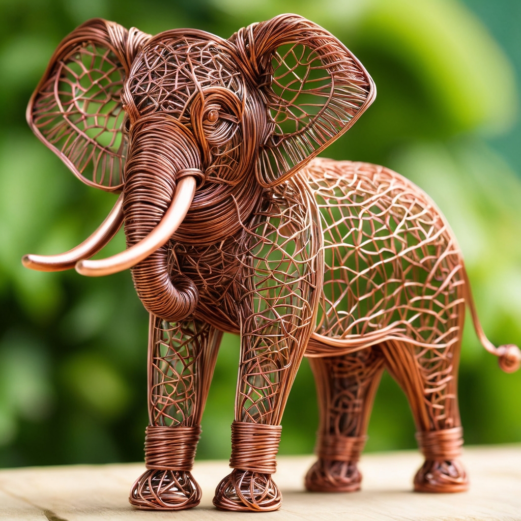 An (entirely made of copper wire:1.9), beautifully intricate, massive, award-winning elephant, Soil made of metallic powder, copper wire gras, intricate details, 8K, Strong summer light, vegetal green background, depth of field.