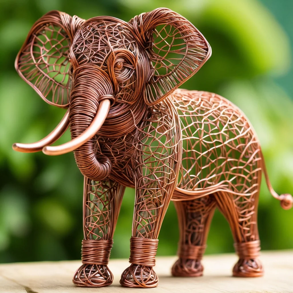 An (entirely made of copper wire:1.9), beautifully intricate, massive, award-winning elephant, Soil made of metallic powder, copper wire gras, intricate details, 8K, Strong summer light, vegetal green background, depth of field.