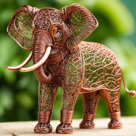 An (entirely made of copper wire:1.9), beautifully intricate, massive, award-winning elephant, Soil made of metallic powder, copper wire gras, intricate details, 8K, Strong summer light, vegetal green background, depth of field.