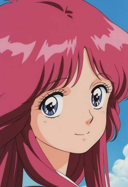 masterpiece, best quality, source_anime,official art,perfect_anatomy,1990s_\(style\),retro_artstyle,yumeno hayami,1girl,long hair,pink hair,portrait,looking_at_viewer,smile,close to viewer,day,blue_sky,cloud