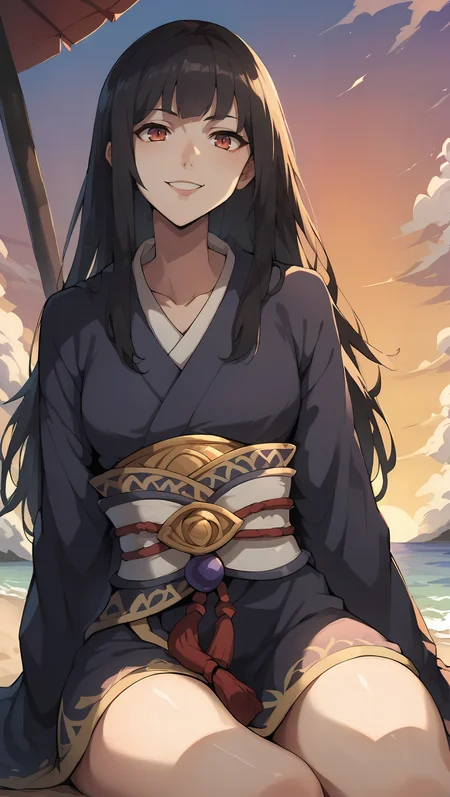 score_9,score_8_up,score_7_up,score_6_up, zPDXL, <lora:Glass - pony:0.8>, woman, pale skin, long hair, black hair, red eyes, purple kimono, <lora:Wakfu_CartoonV02:0.5>, <lora:xl_more_art-full_v1:0.5>, sitting at the beach, sunset, colorful sky, sand, shade, solo, smile, close-up,
