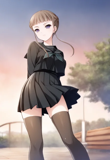 masterpiece, best quality, 1girl, Manaka Nemu, braided hair, purple eyes, medium breasts, sidelocks, long sleeves, black skirt, black serafuku, neckerchief, black thighhighs, breast pocket,  standing, outdoors, wind, park, looking at viewer,   <lora:Nemu last IXL:1>