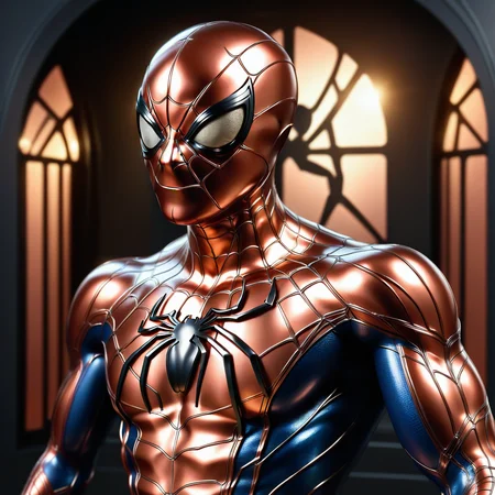 spiderman made out of Jed-ANC, masterpiece, full of details, ambient light, sharp and in focus, <lora:ArtNouveauCopperStyle:1>