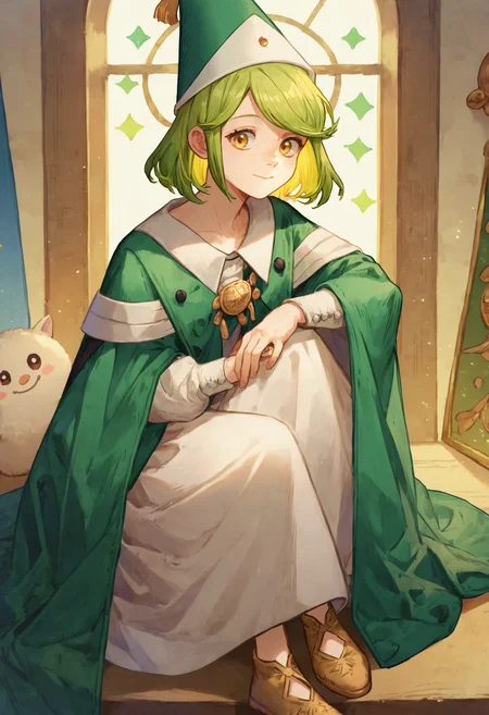 score_9, score_8_up, score_7_up, 1girl coco green hair blonde hair swept bangs yellow eyes, sitting, light smile, hat, green robe, white shirt
<lora:witch_hat_atelier_2:1>